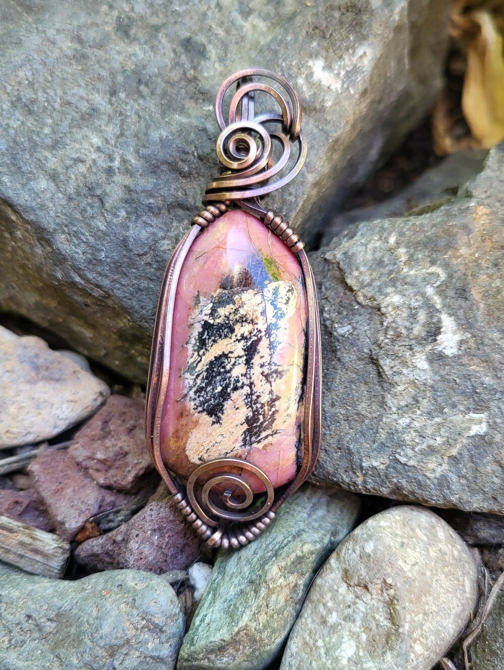 Rhodonite Copper Wire Wrap Pendant